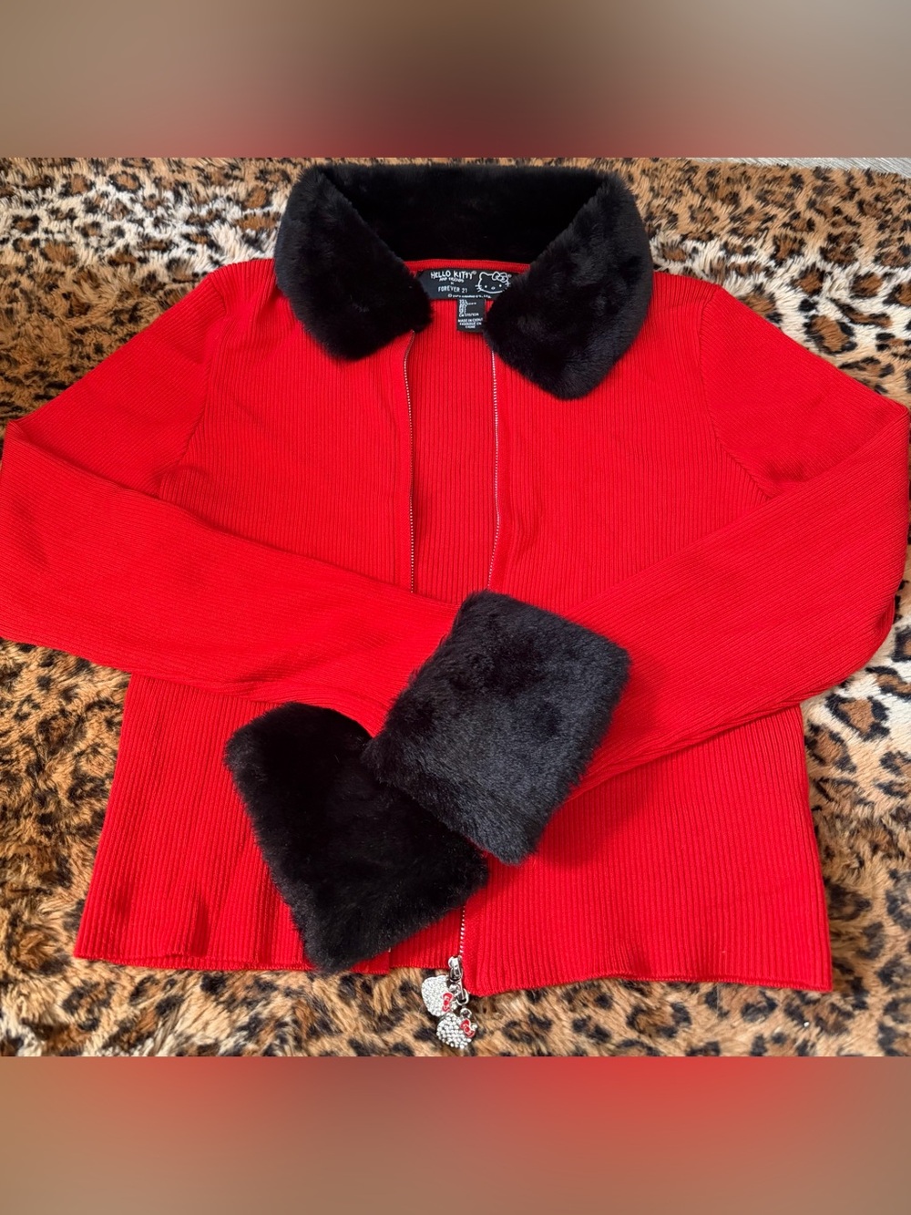 Hello Kitty X Forever 21 Faux Fur Trim Zip-Up Sweater